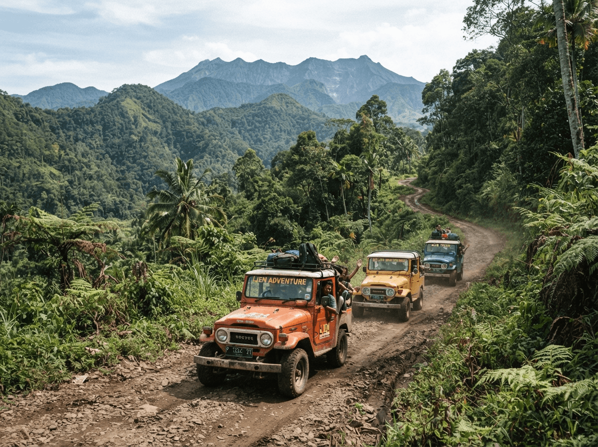 Iringan Jeep wisata 4x4 melintasi rute perbukitan Banyuwangi menuju Kawah Ijen